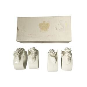 Vintage Set of 4 White Porcelain Roses Napkin Rings